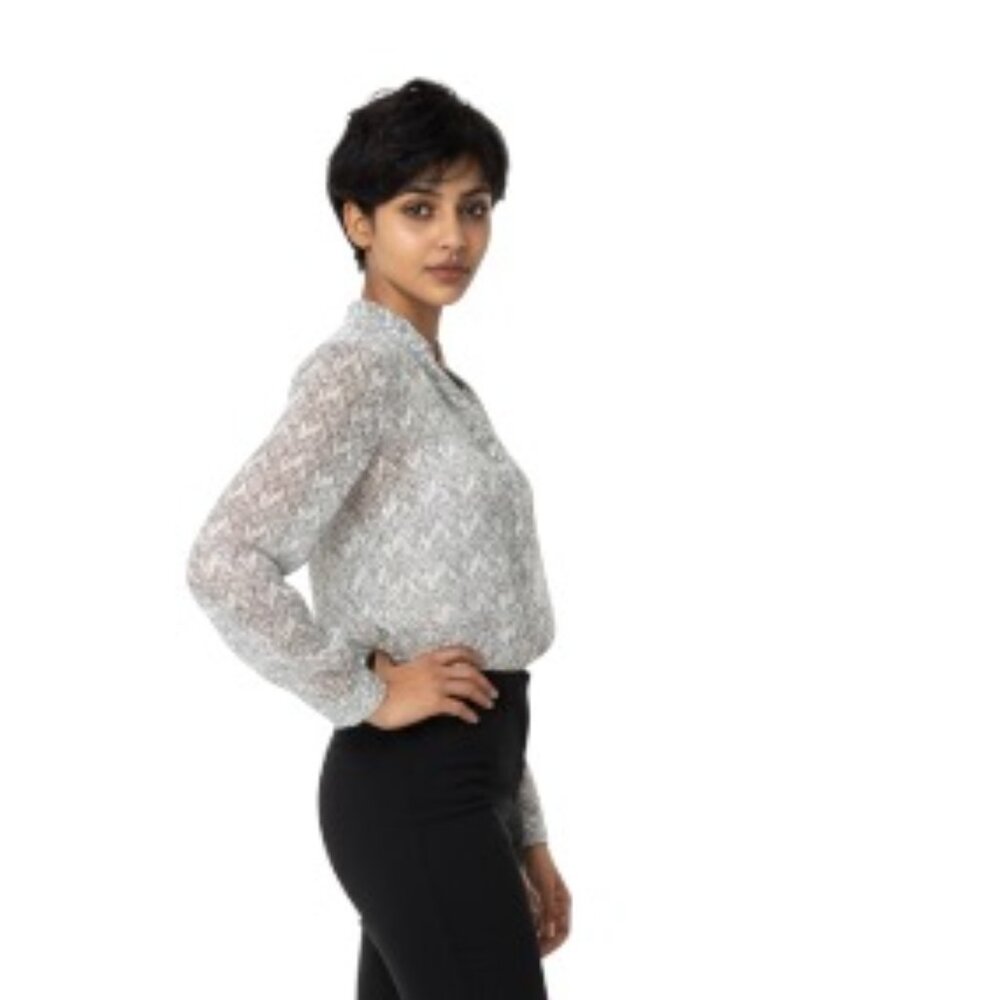 Frame M/L Sheer Long Sleeve Asym Silver Metallic Leaf Print Button Down Blouse